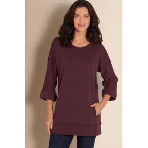 Soft Surroundings EUC Peruvian burgundy rolled sleeve ruffle pocket tunic XS